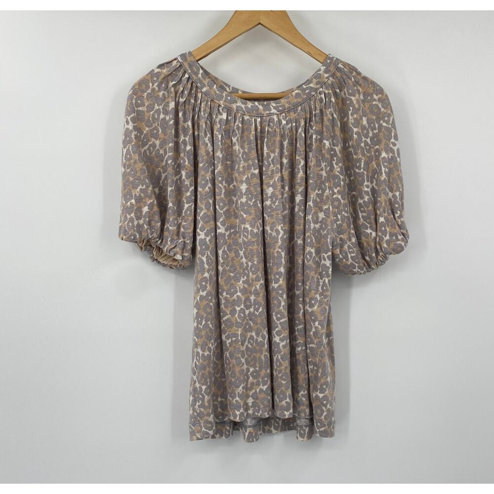 Anthropologie Maeve Leopard Print Linen Top Puff Sleeve Scoopneck Gray Medium - Picture 3 of 8